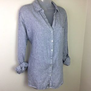100% Linen Ticking Strip button up shirt tab sleeves